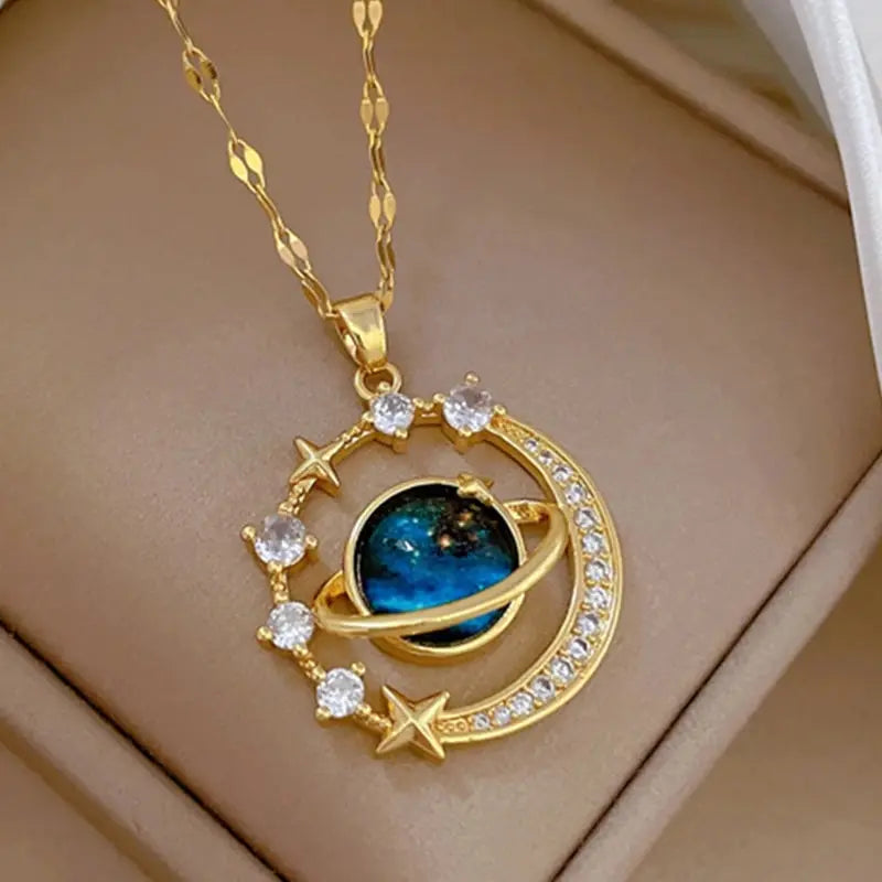 Collier pendentif astronome planète lune pour femme — acier au titane, document en or, bijoux cadeau