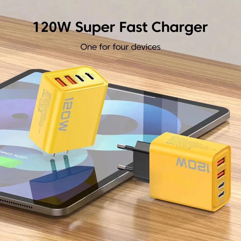 Total 120W USB Fast Charger 4 Ports PD Quick Charge USB 3.0 Type C EU US UK Plug Universal Wall Charger USB C Charging Adapter