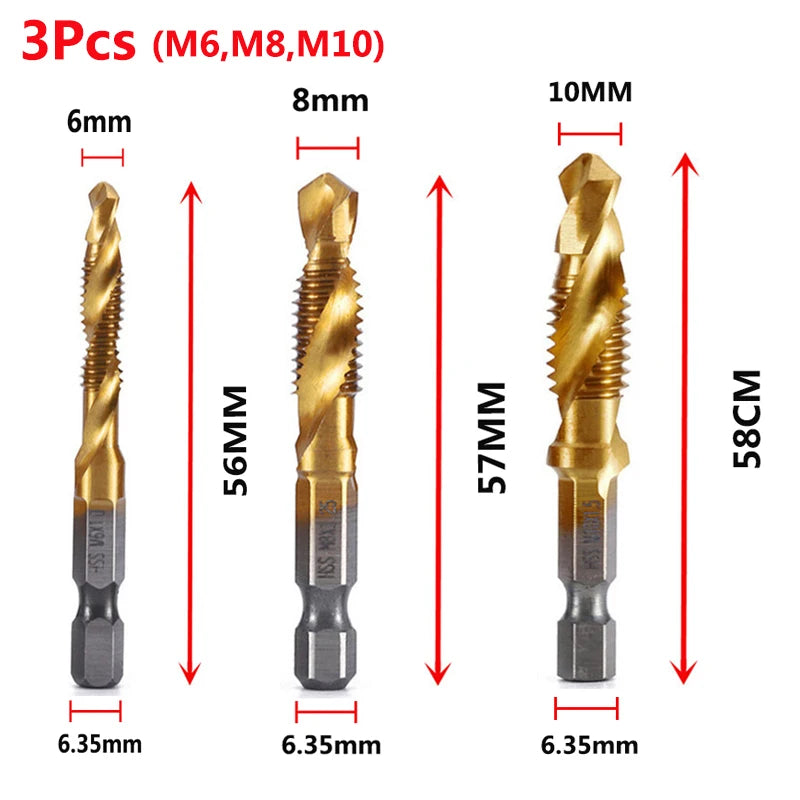 Brocas MeaccelerTap de titanio, vástago hexagonal, rosca de tornillo HSS, máquina de tornillos, macho de roscar compuesto, M3, M5, M6, M8, M10, herramientas manuales