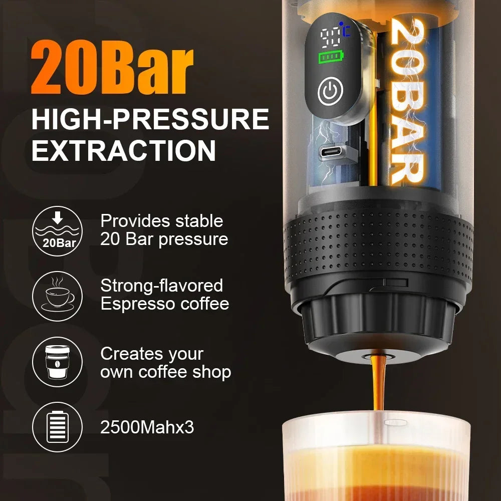 DENOKIN Cordless Portable Espresso Maker for Car and Camping, 80ml Water Tank, Digital Display, 3-in-1 Travel Coffee Maker for Capsules and Powders
