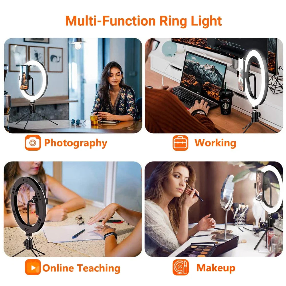 Anneau Lumineux LED Selfie 26cm 120 Perles avec Trépied — Kit Éclairage USB Vidéo