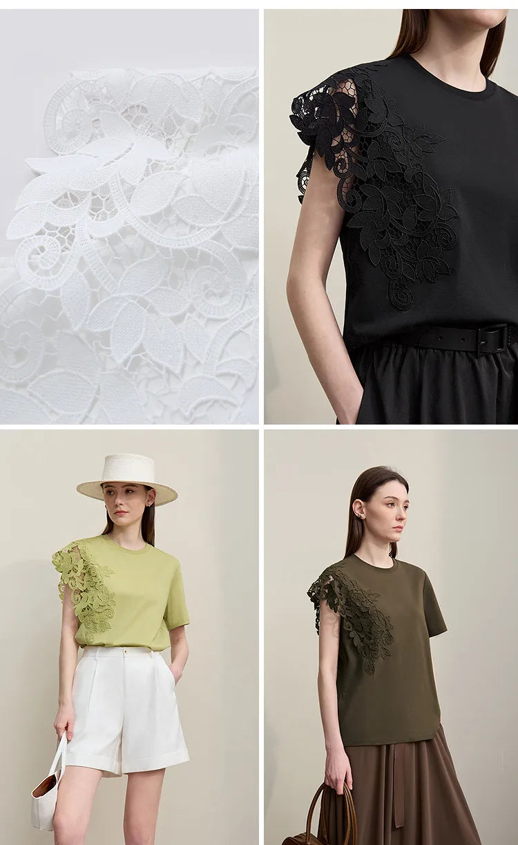 T-shirt femme 2026 été — col rond, coton, anti-transpiration, dentelle asymétrique, ample, manches courtes