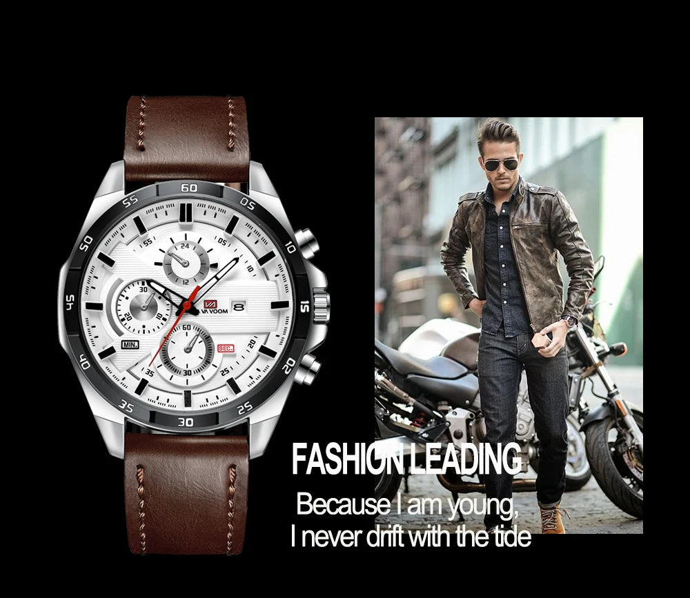 Montres de sport pour hommes, série de course de mode, 46mm, horloge en cuir noir VA VA VOOM, mouvement à Quartz 3Bar, montre-bracelet étanche pour hommes
