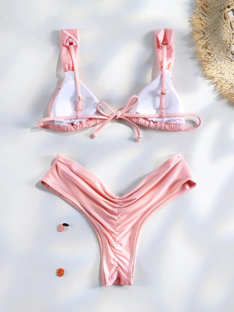 Sexy plis Bikini ensemble solide Micro Bikinis femmes maillot de bain femme Triangle maillots de bain vêtements de plage maillot de bain