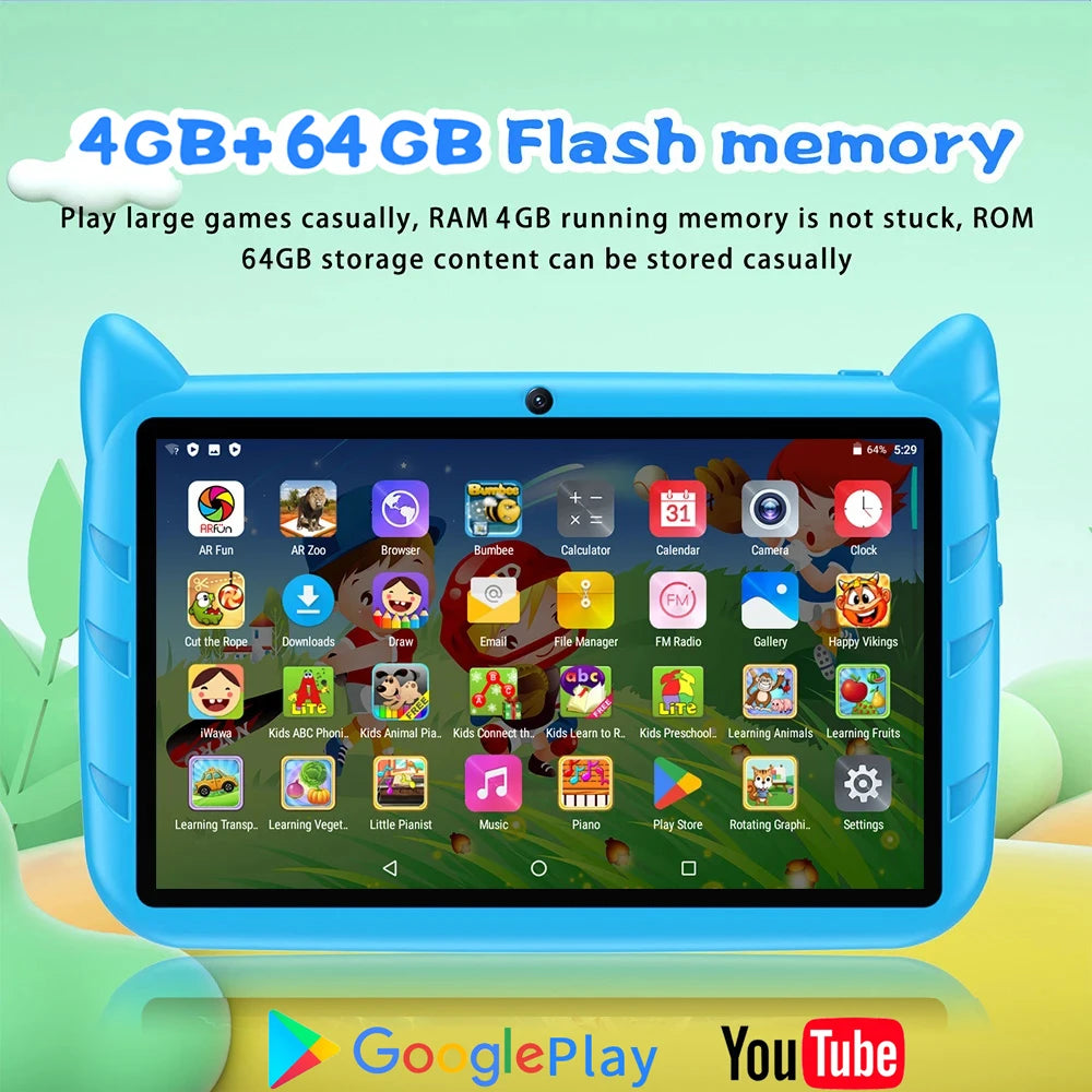 Tablette Android 13 pour enfants 7 pouces — extension 1 To, 4 Go RAM, 64 Go ROM, WiFi 5G, 4000 mAh, cadeau