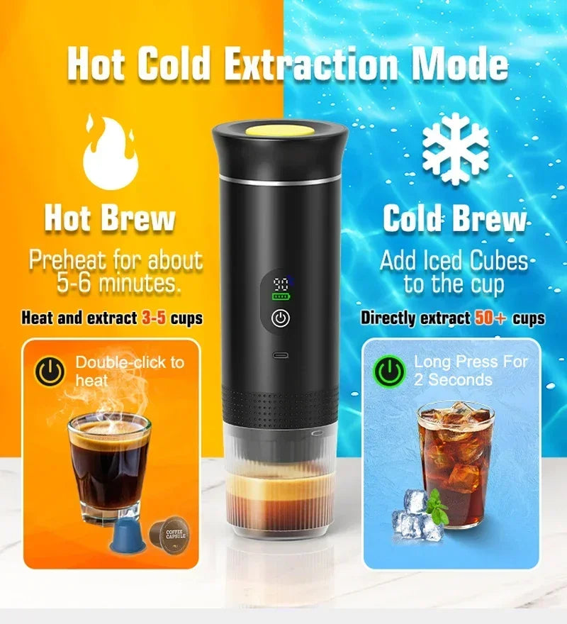 DENOKIN Cordless Portable Espresso Maker for Car and Camping, 80ml Water Tank, Digital Display, 3-in-1 Travel Coffee Maker for Capsules and Powders