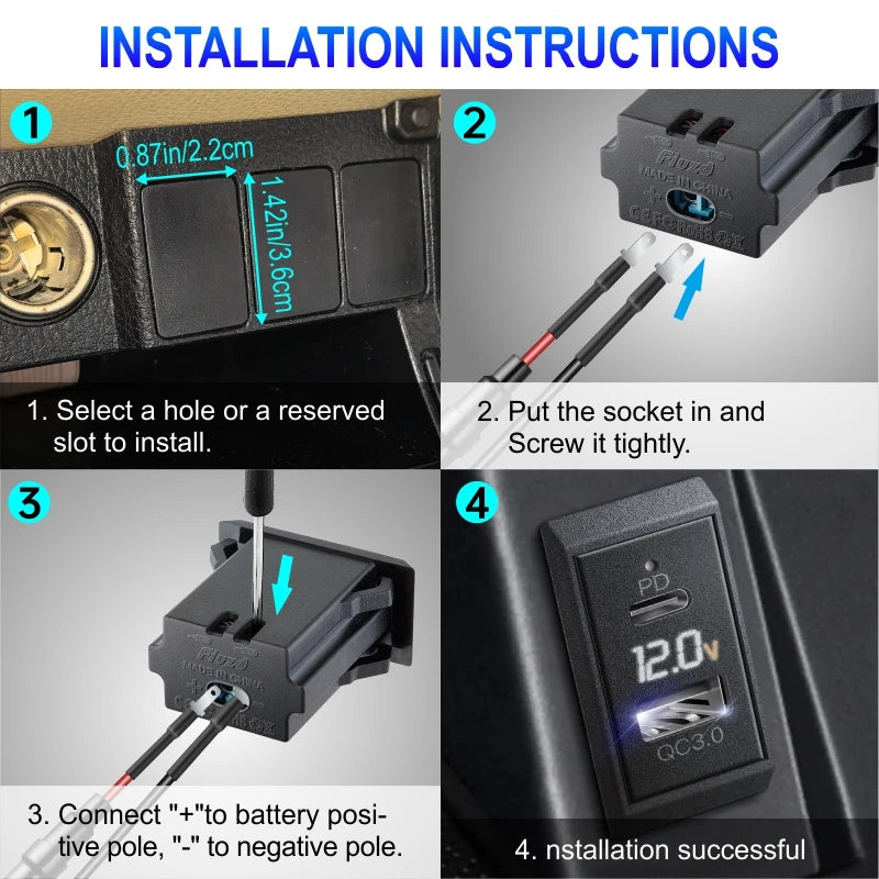 Affichage de tension LED à charge rapide pour camion 12V/24V moto RV bateau marin QC PD 3.0 chargeur de voiture chargeur de téléphone portable automatique