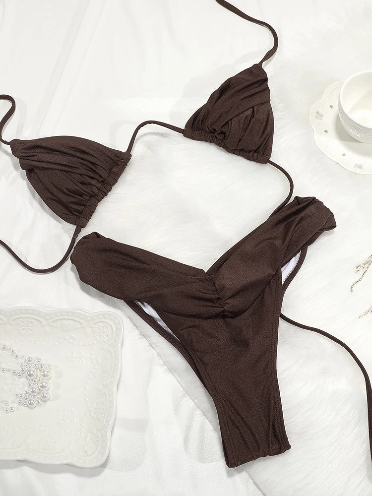 Sexy plis Bikini ensemble solide Micro Bikinis femmes maillot de bain femme Triangle maillots de bain vêtements de plage maillot de bain