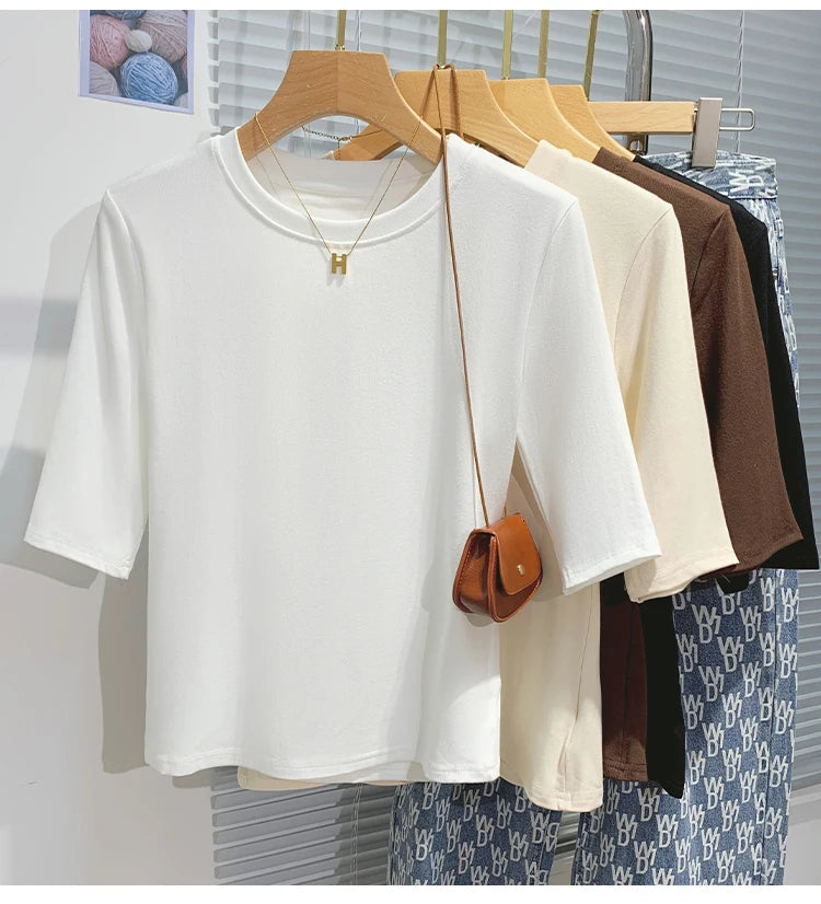 T-shirt femme 100% coton basique — col rond, tendance, uni, manches courtes, été 2026