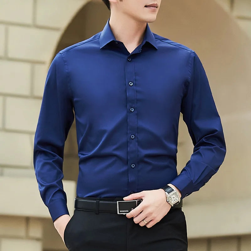 Camisa de vestir de manga larga para hombre, talla grande, color liso, moda clásica, básica, informal, entallada, blanca, ropa de marca, nueva colección