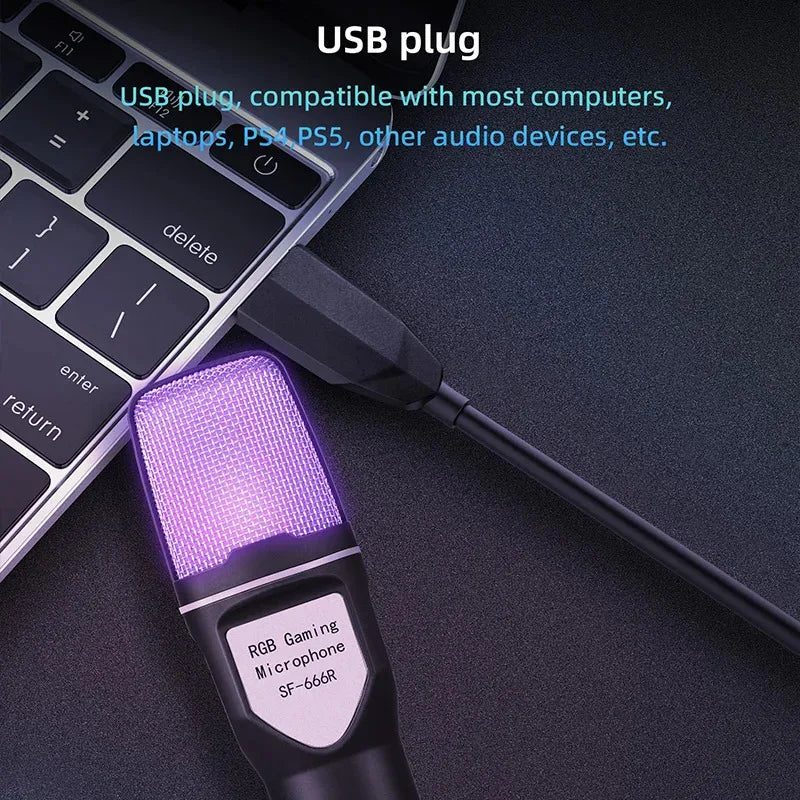 Microphone USB RGB à condensateur avec réduction de bruit – Micro gaming pour podcast et studio