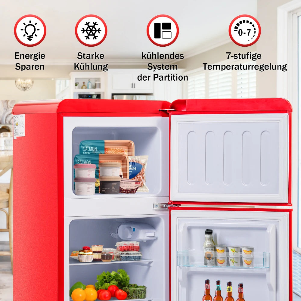 Frigorífico combi retro 45,5 cm de ancho, 2 puertas, 60 litros de volumen total, volumen de congelador 22 litros. 102 KWh/año,