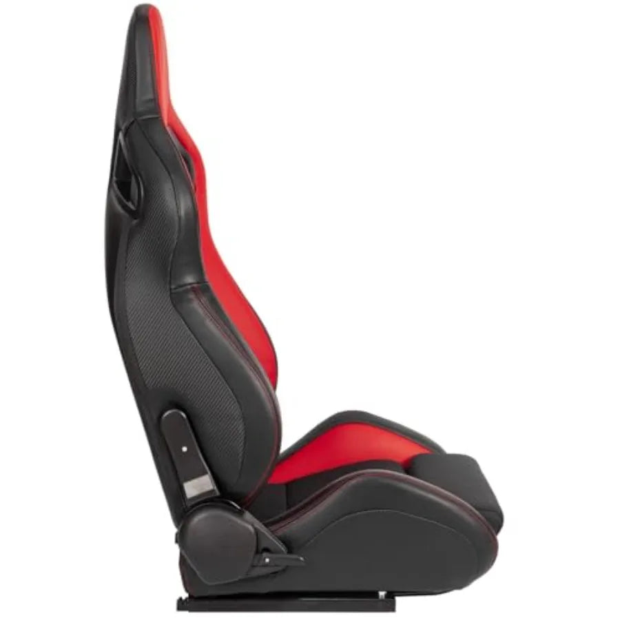 Universal Pair of Racing Seats V2 Series, Red PVC Leather Black Mesh Gloss Fabric, Reclinable Bucket Seats for Central Sports Cars