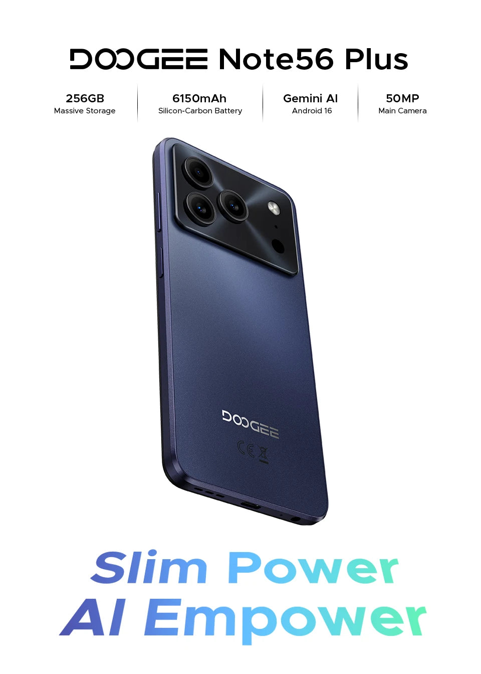 DOOGEE Note56 Plus Smartphone Android 16 — 48+256 Go, 6150 mAh, 6,56" 90Hz, 50 MP, NFC