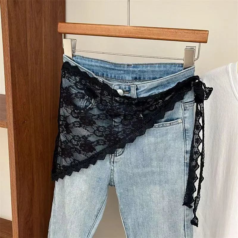 Jupe courte Triangle en dentelle pour femmes, demi-jupe empilée de Style coréen, petit tablier, rideau de fesses, mousseline douce, à la mode
