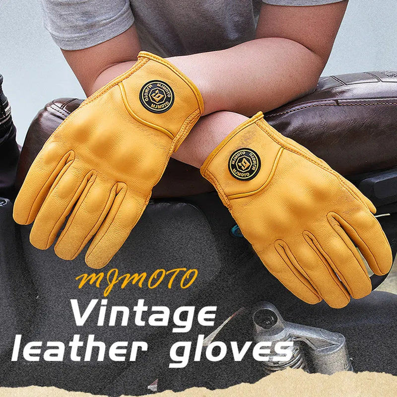 Gants de Moto Rétro en Cuir Jaune pour Homme et Femme, Accessoire Perforé et Respirant pour Course de Vélo, Écran Tactile, Motocross