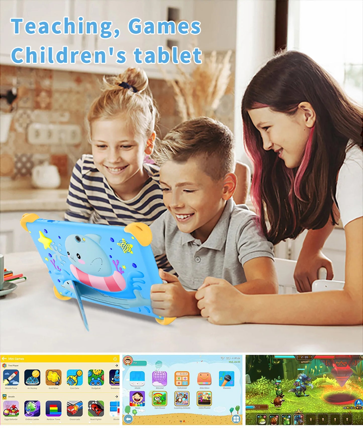 Tablette pour enfants de 7 pouces 5G avec motif de dessin animé, PC d'apprentissage et d'éducation Android avec étui à l'épreuve des enfants, tablette 4000mAh