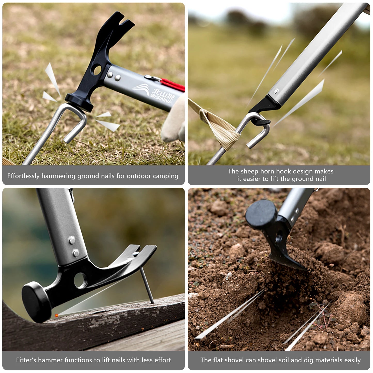 BISINNA-Marteau de camping multifonctionnel, piquets de tente d'extérieur, multi-outil avec poignée en alliage d'aluminium, fournitures de camping ultralégères