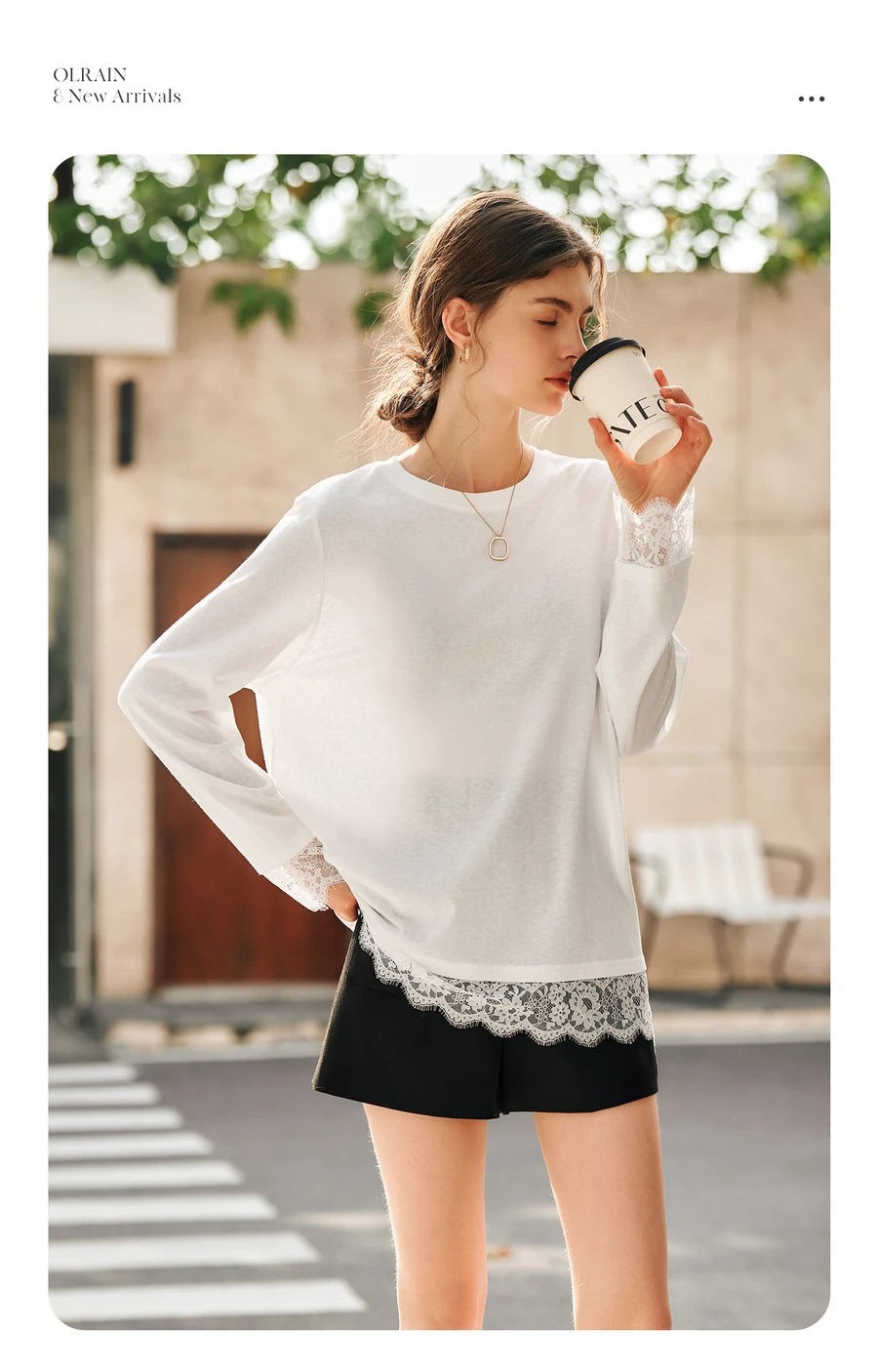 T-shirt femme en coton blanc automne 2026 — décontracté, ample, col rond, manches longues en dentelle