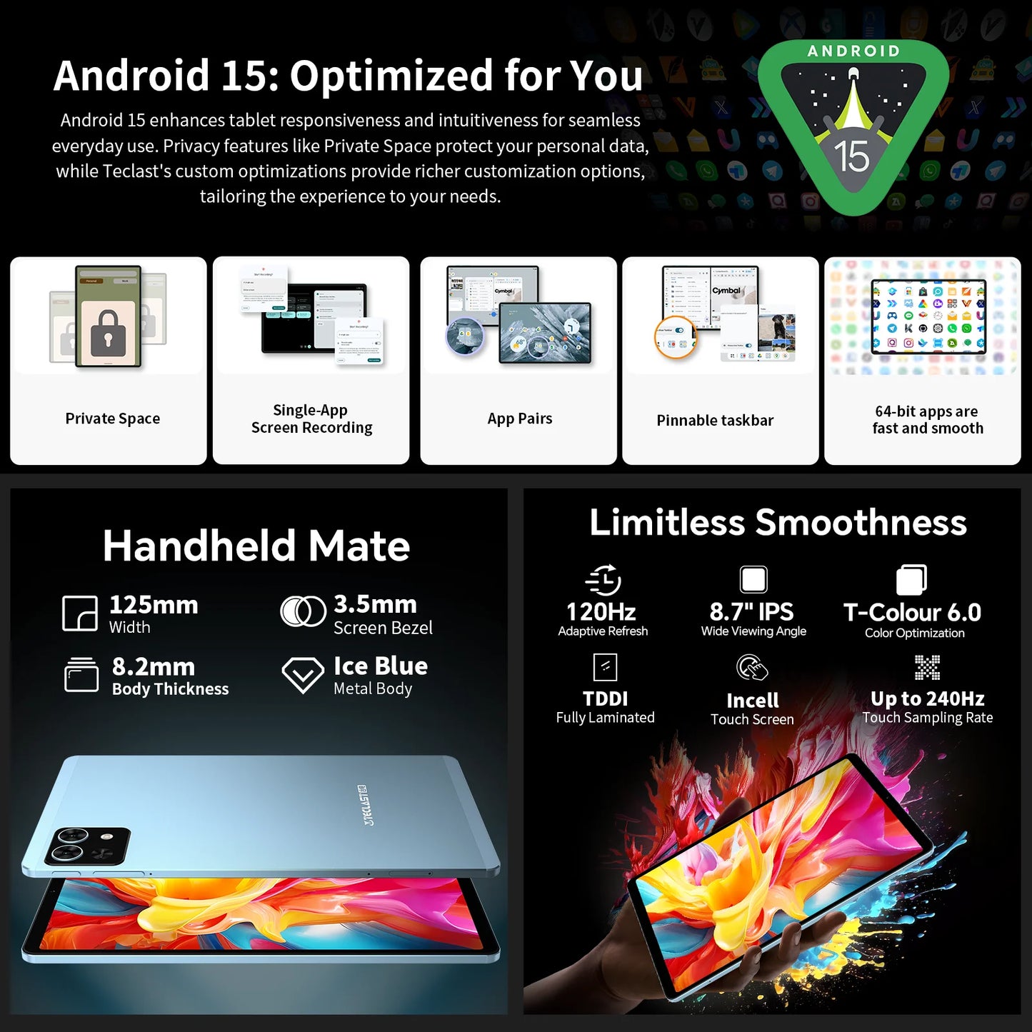 Tablette Android 15 8,7 pouces IPS 120Hz — 8 cœurs, 20 Go RAM, 128 Go ROM, double 4G LTE, GPS, USB-C