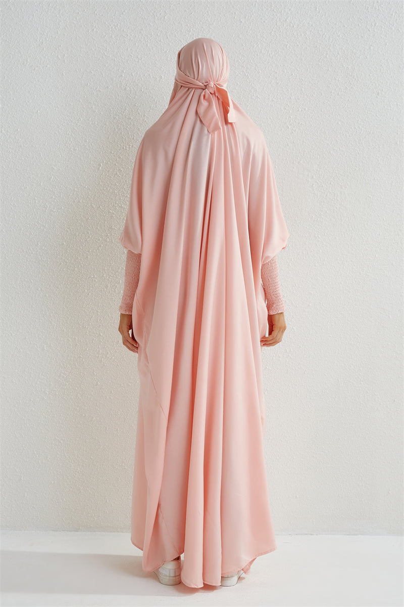 Abaya musulman à capuche manches smockées une pièce Robe de prière femmes Jilbab vêtements islamiques dubaï saoudien Robe noire modestie turque