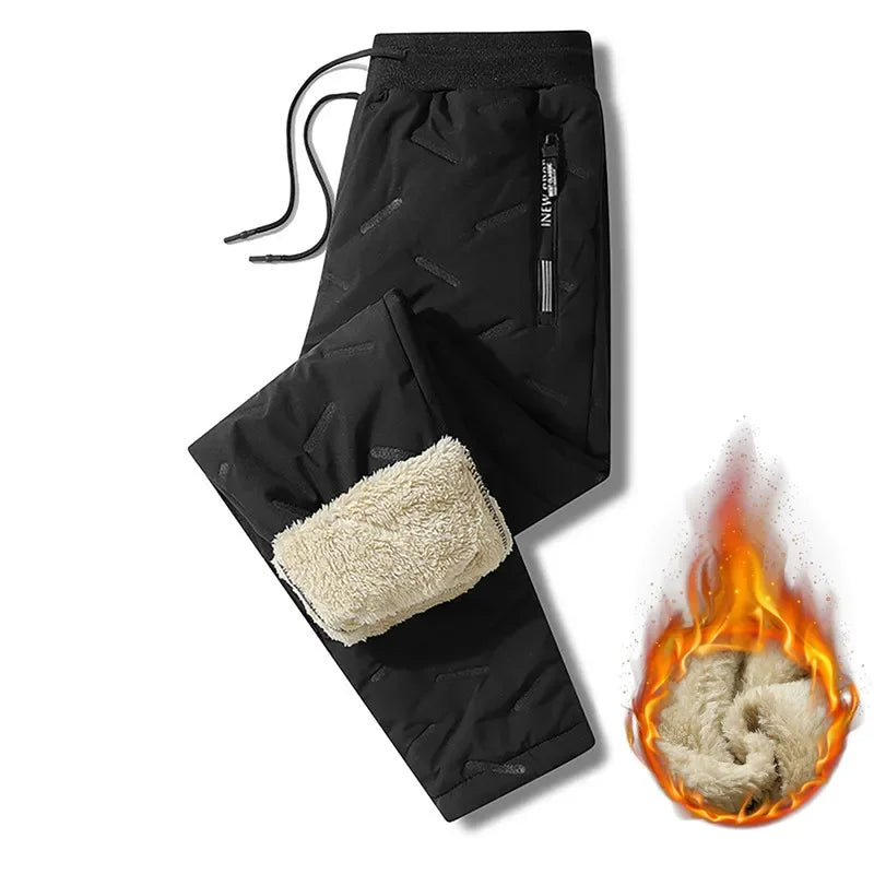 Men's Thermal Lambswool Sweatpants, Warm Cotton Pants, Waterproof Pants, Windproof Pants, Winter Sportswear, Plush Look, Smile, fjCasual