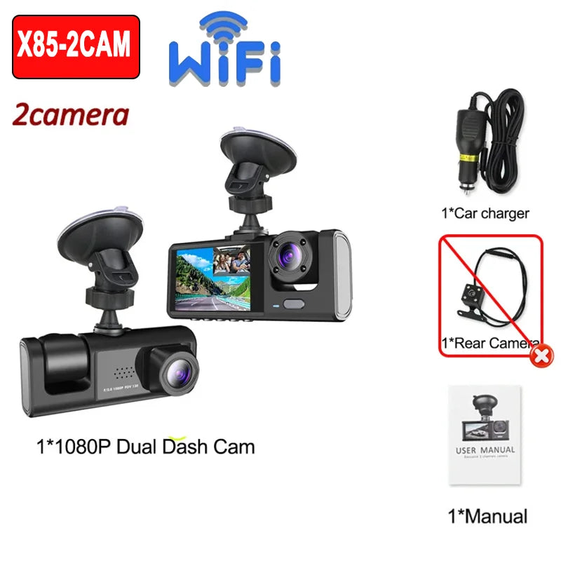 Dashcam WiFi 3/2 Objectifs 1080P — Vision Nocturne Avant Arrière Enregistreur