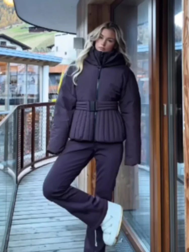 Women's Chic Hooded Cotton Coat with Belt, Casual Long Sleeve Stand Collar Zipper Short Ski Outerwear, Winter Sports Puffer Jacket, 2026
