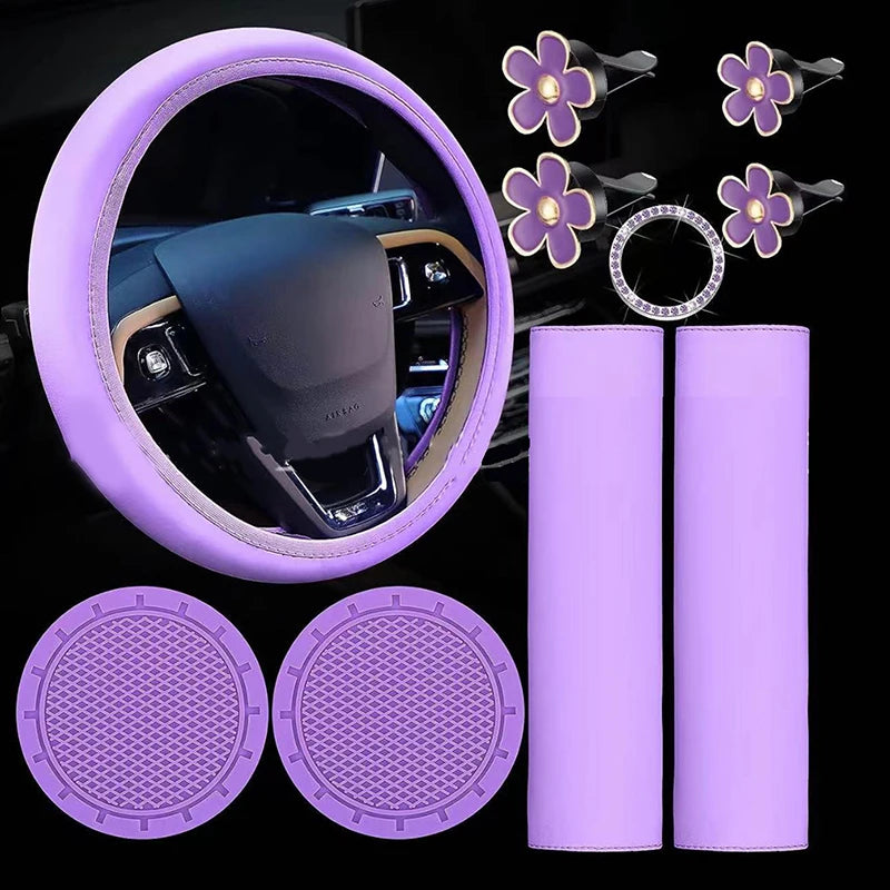 Housse Volant Cuir Femme 10 Pièces — Ensemble Accessoires Voiture Ceinture Porte-Gobelets