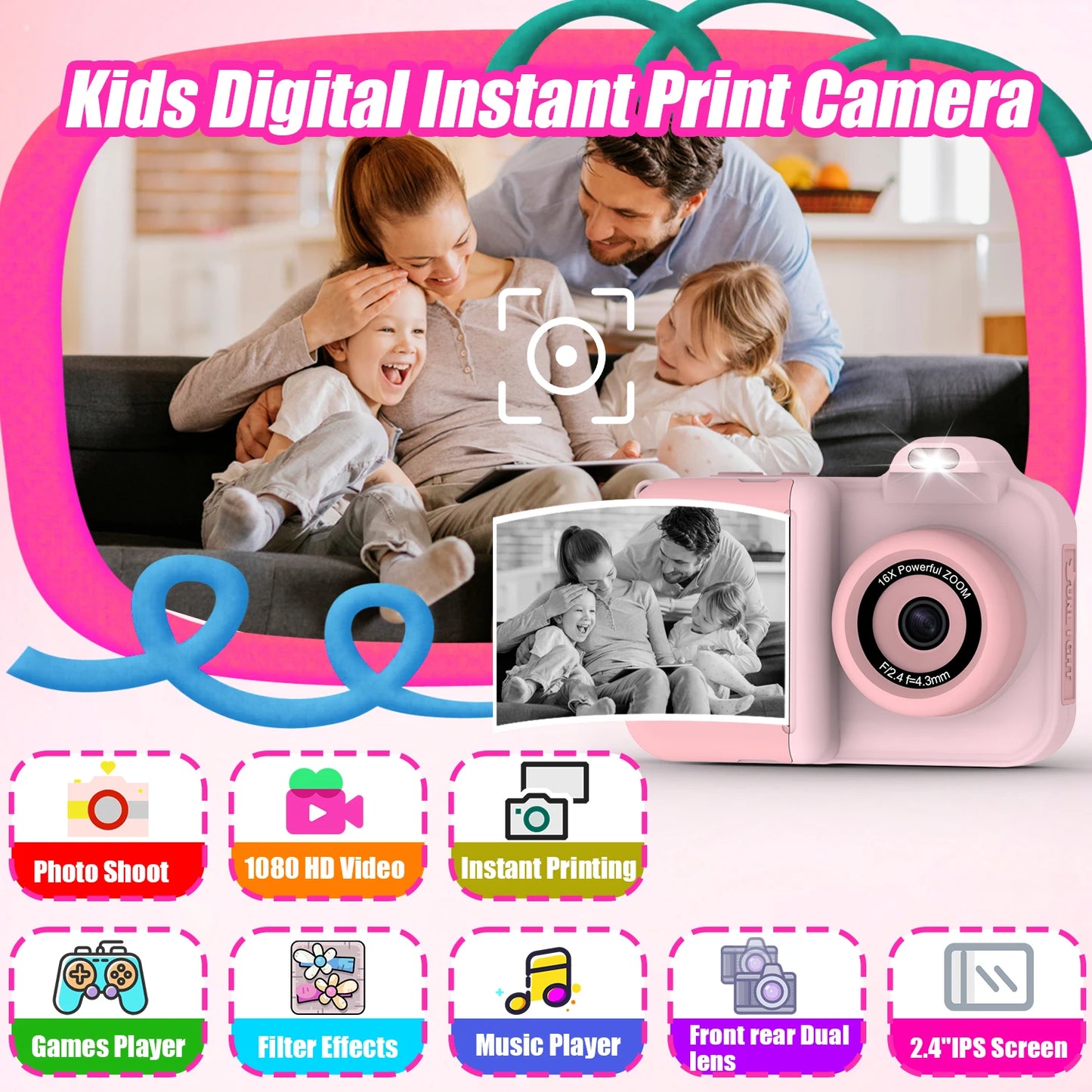Kids Digital Camera, Instant Print, Dual Lens, 1080P HD Video Recording, 32G, for Boys and Girls, Christmas Gifts, Toys