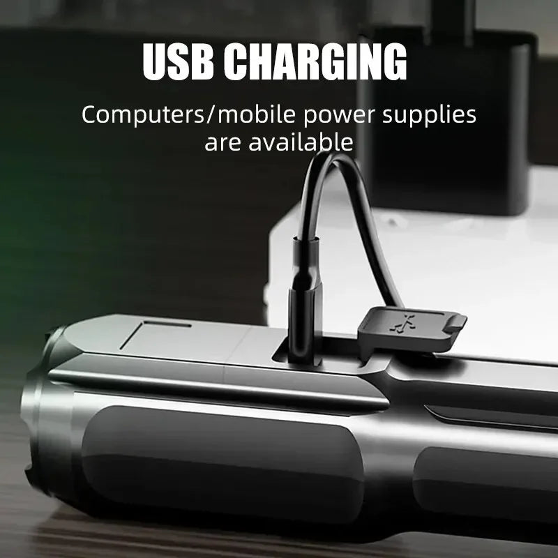 Linterna LED potente, recargable por USB, batería de litio integrada, resistente al agua, con zoom, para pesca, caza, camping, linterna táctica