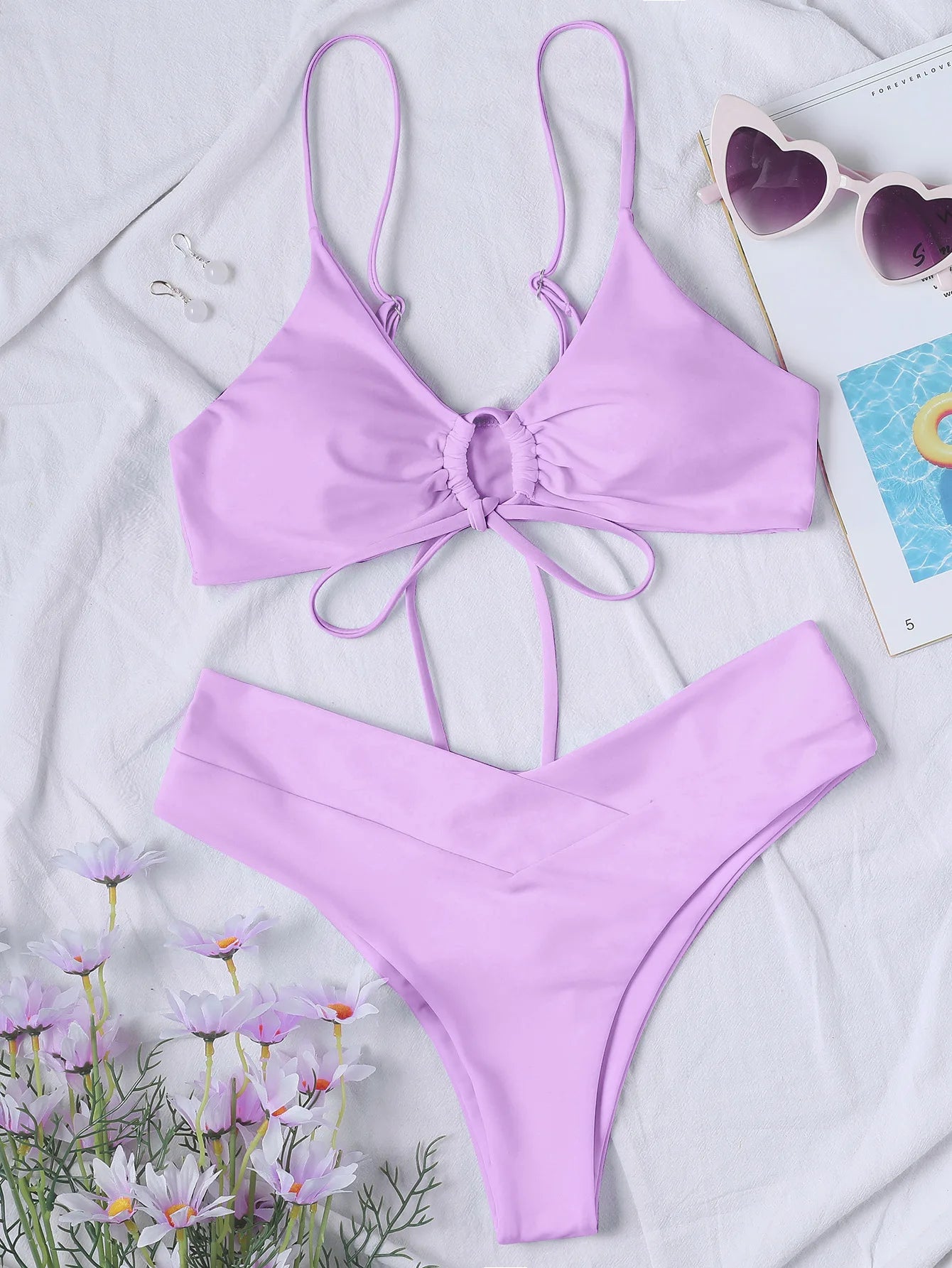 Nouveau ensemble de Bikini à haute élasticité pour 2025 été deux pièces couleur unie à lacets Sexy femmes maillot de bain plage maillot de bain maillots de bain