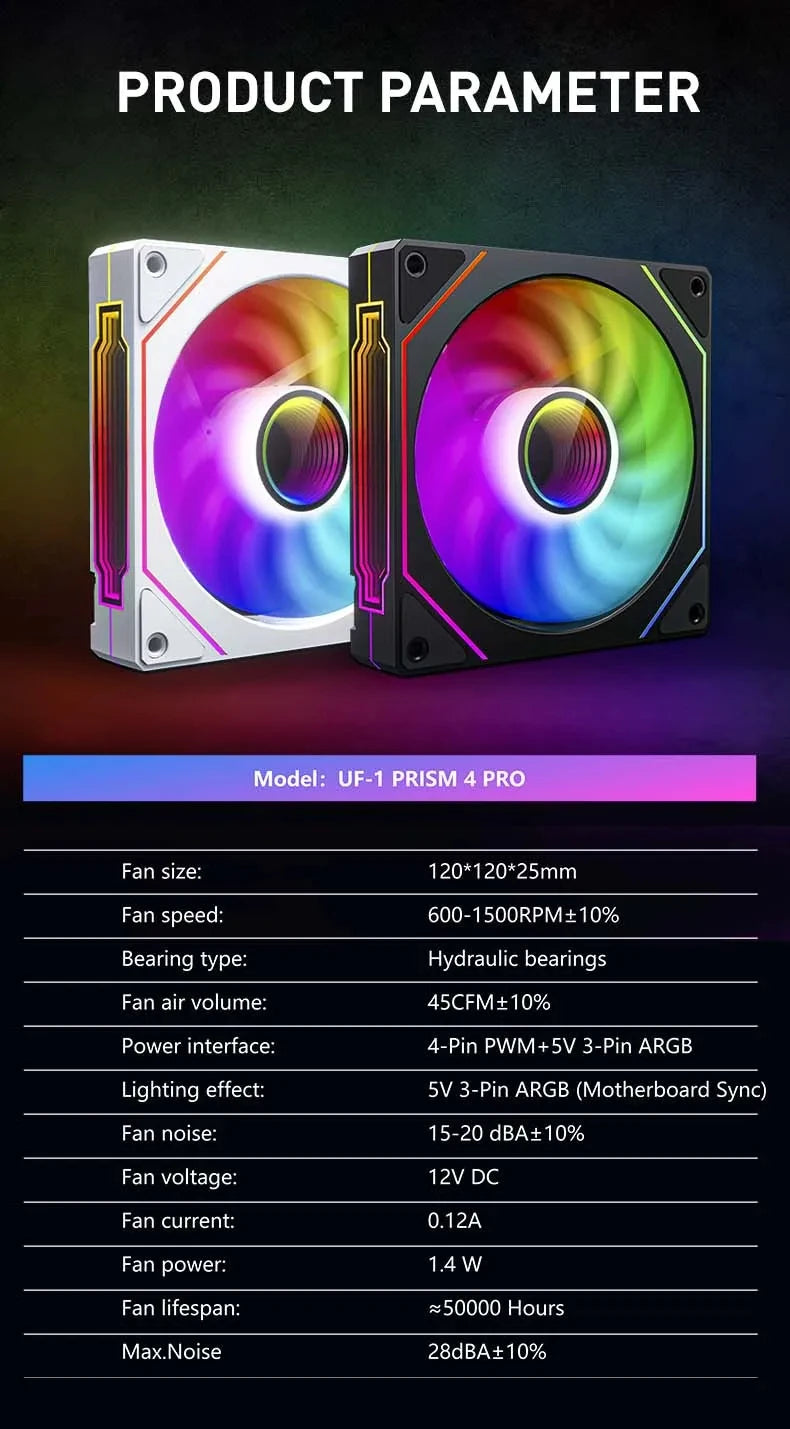 UPSIREN UF-1 PRISM 4 PRO ventilateur de châssis d'ordinateur 12 cm ARGB 4 broches PWM ventilateur de refroidissement silencieux 12 V grand Volume d'air 45CFM/600-1500 tr/min