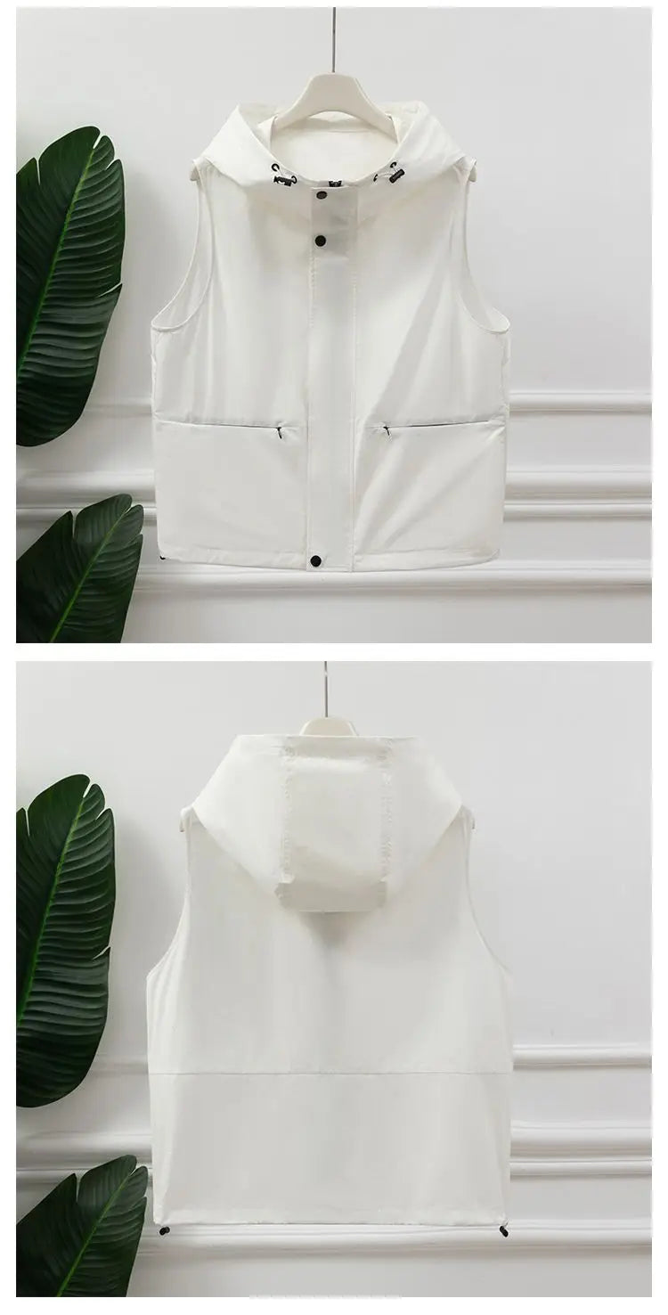 Gilet utilitaire sans manches à capuche gris clair pour femmes, fermeture éclair sur le devant, cordon de serrage, poche à la taille, Gilet superposé décontracté pour l'extérieur