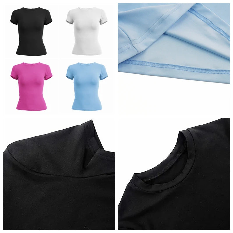 Women's Short Sleeve T-Shirt Slim Fit Tops for Women Round Neck Knitted Sheath T-Shirt Sporty Streetwear 2024 Y2K New2410