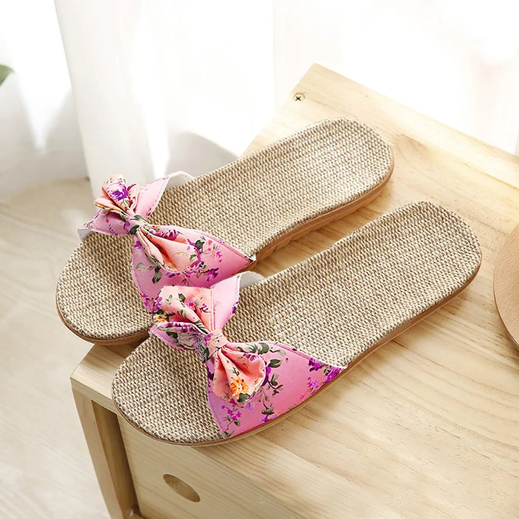 Women's Linen Flip-Flops with Bowknot, Beach Shoes, Slippers