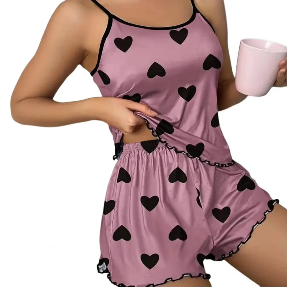 Women's Pajama Set, T-Shirts and Shorts, Pink Heart Print T-Shirt, Round Neck, Ice Silk Top, Comfortable and Casual, Summer