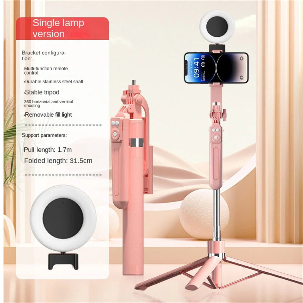 Trépied perche à selfie 1,7M avec télécommande sans fil — 360°, smartphone, vidéo, diffusion en direct
