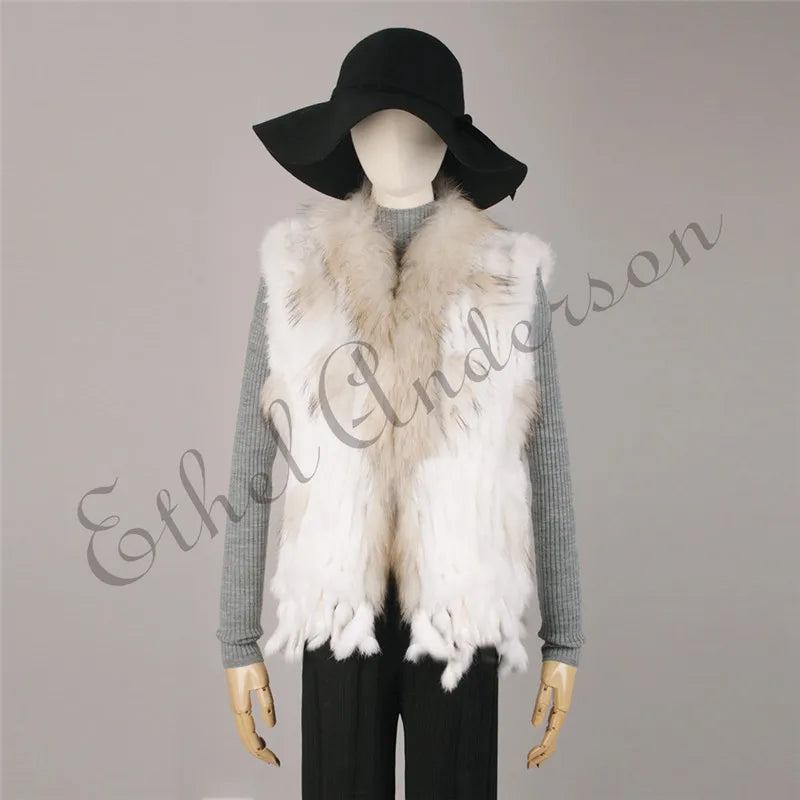 Gilet à glands en véritable fourrure de lapin tricoté — vintage, garniture fourrure raton laveur