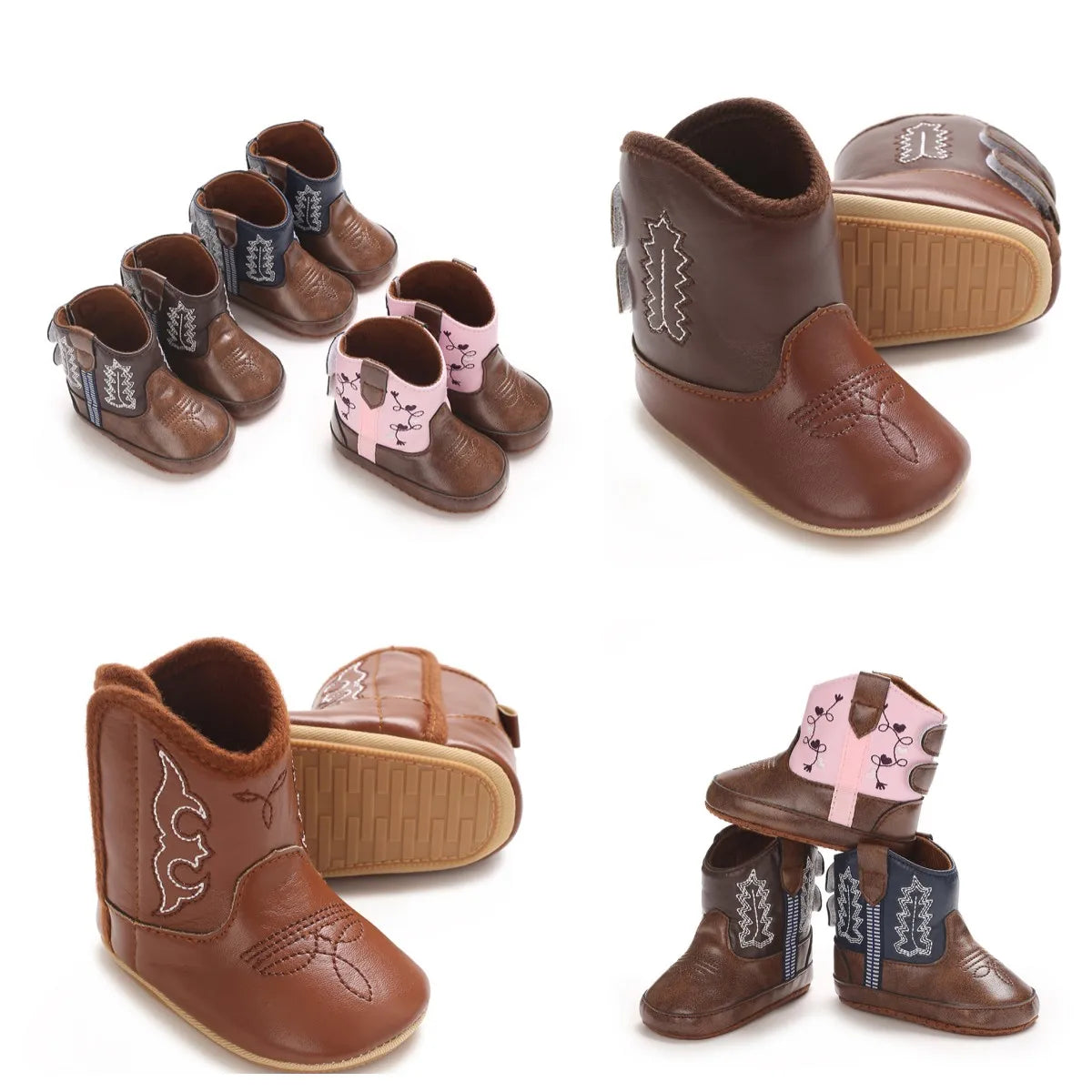 Bottines Cowboy Bébé Cuir PU Antidérapantes — Fille & Garçon 0–18 mois