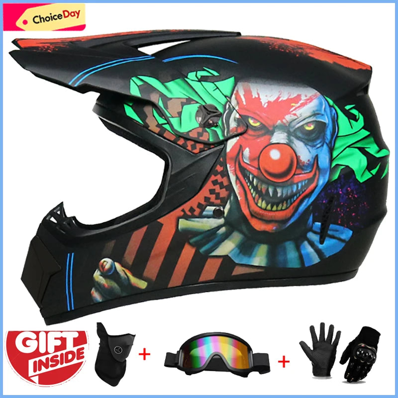 Kids Full Face Motorcycle Helmet, Youth Motocross Helmets, Off-Road Goggles, Cycling Protective Gloves