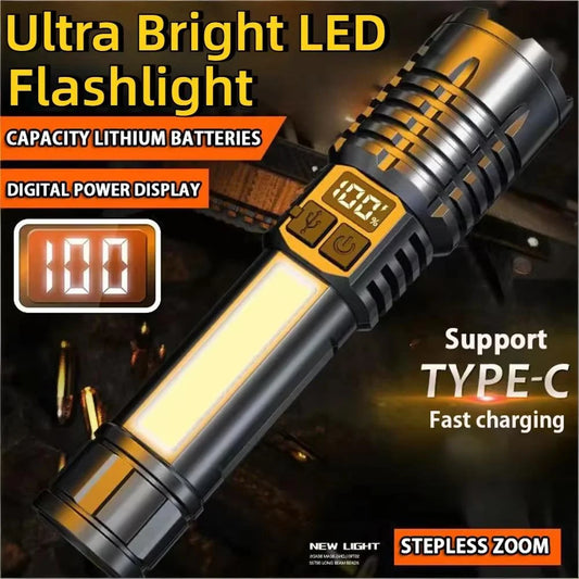 Linterna LED de alta potencia, antorcha recargable tipo C a prueba de agua con luz lateral COB, lámpara exterior portátil con zoom para camping y senderismo