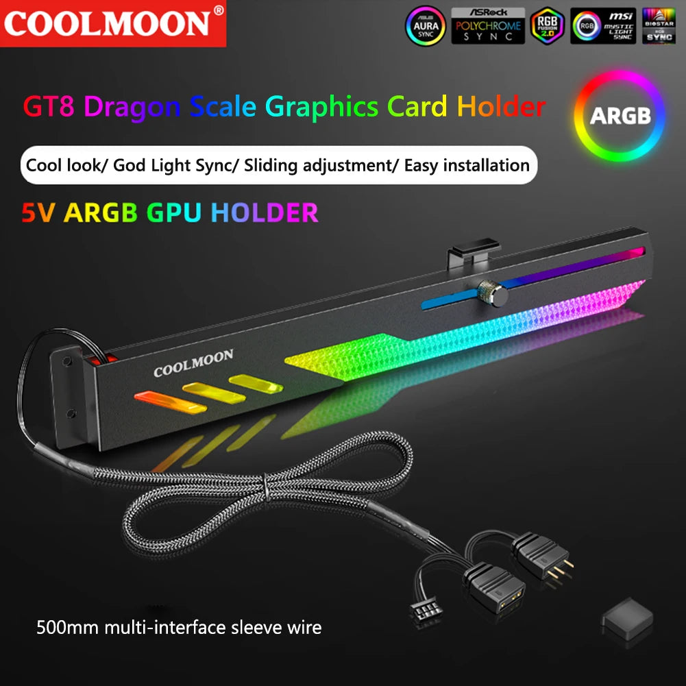 COl'hyMOON-Support de carte vidéo pour ordinateur, support GPU horizontal GT8, support de boîtier PC, kit de refroidissement, 5V ARGB
