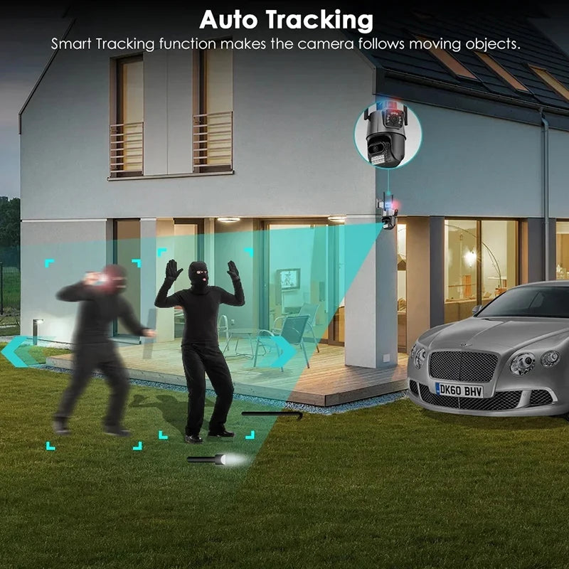 Outdoor WiFi PTZ Camera 4K 8MP HD Dual Lens Dual Screen AI Camera Auto Tracking 4MP Video Surveillance Police Light Alarm iCSee