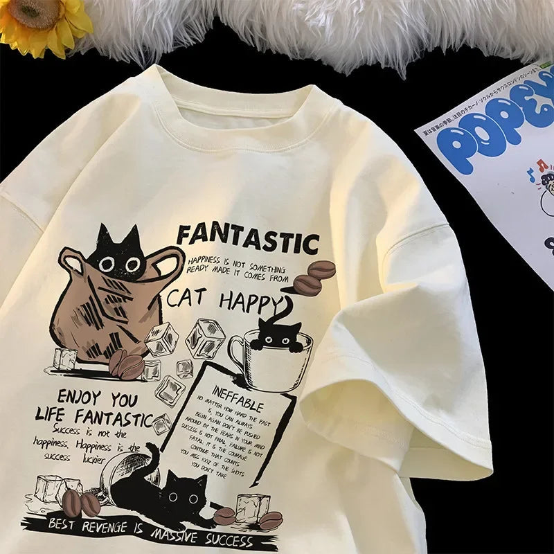 Men's and women's short-sleeved T-shirt, oversized Korean version cartoon cat group print, casual, couples, new