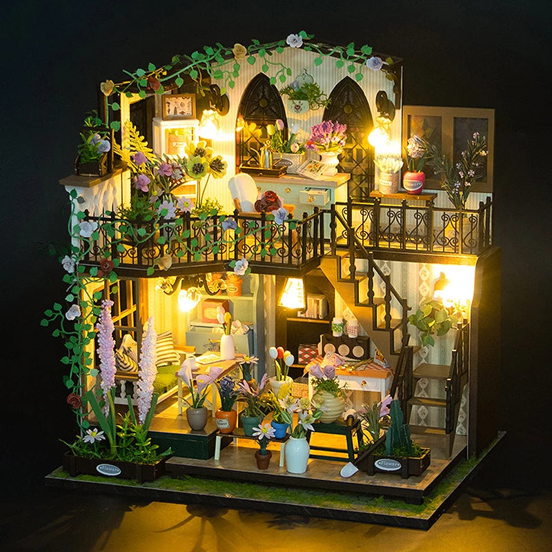 Wooden Dollhouse, Garden Model, 3D Puzzle, Assemble Building Kits, Toys, Bedroom Decor with LED Lights, Dollhouse Gift, DIY
