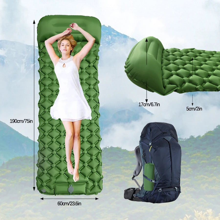 Matelas gonflable de camping en plein air, coussin de couchage avec oreillers, polymères d'air ultralégers, pompe de gonflage intégrée, randonnée