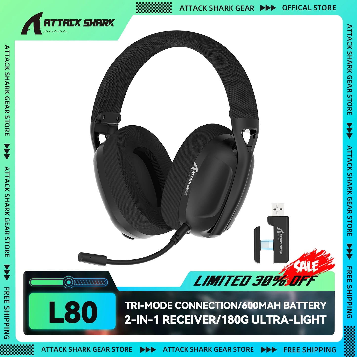 ATTACK SHARK L80 – Casque gaming ultra-léger 180g, Bluetooth/2.4G/filaire, son stéréo 5.1 canaux