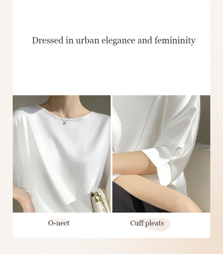 Nouveauté 2026 – T-shirt basique en satin de soie à manches courtes pour femme, col rond, coupe décontractée et légère, chemisier ample pour femme