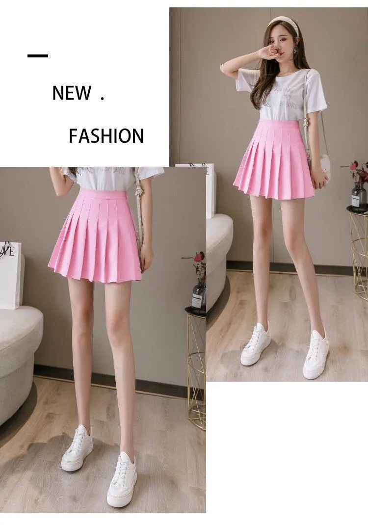 Mini jupe plissée avec short pour femmes, taille haute, ligne a, jupe patineuse, blanc, noir, rose, uniforme scolaire sportif, nouvelle mode, offre spéciale